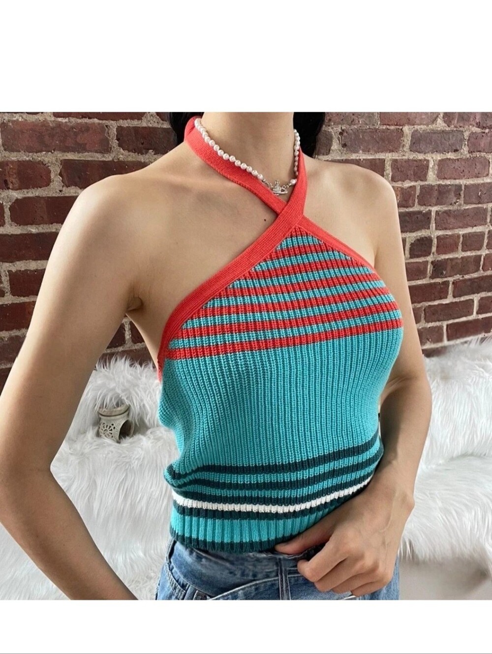Zara Sweater Halter Crop Top Neon Blue Orange Striped Chunky Knit Retro 70s S